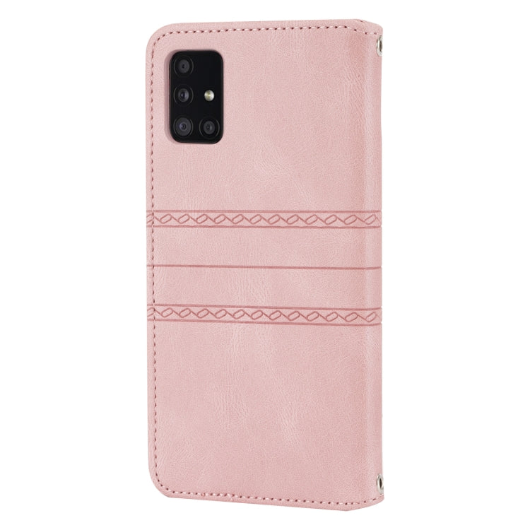 For Samsung Galaxy A71 Embossed Striped Magnetic Buckle PU + TPU Horizontal Flip Leather Case with Holder & Card Slot & Wallet & Photo Frame & Sling