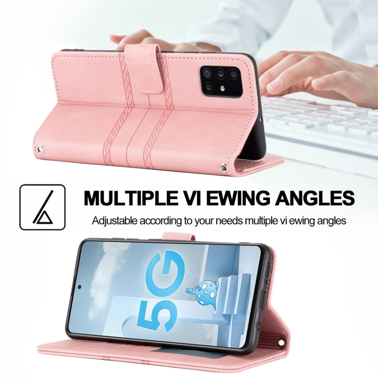 For Samsung Galaxy A71 Embossed Striped Magnetic Buckle PU + TPU Horizontal Flip Leather Case with Holder & Card Slot & Wallet & Photo Frame & Sling