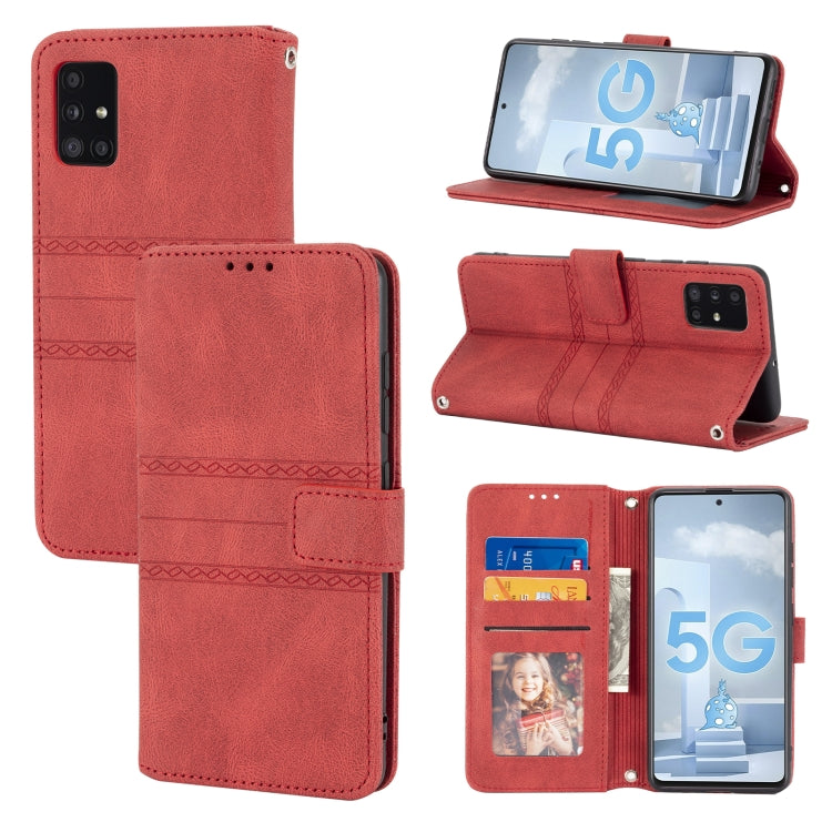 For Samsung Galaxy A71 Embossed Striped Magnetic Buckle PU + TPU Horizontal Flip Leather Case with Holder & Card Slot & Wallet & Photo Frame & Sling