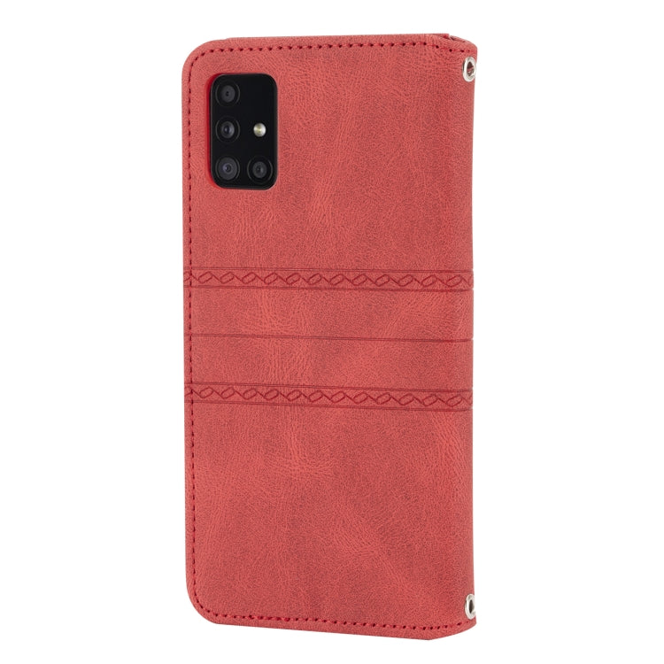 For Samsung Galaxy A71 Embossed Striped Magnetic Buckle PU + TPU Horizontal Flip Leather Case with Holder & Card Slot & Wallet & Photo Frame & Sling