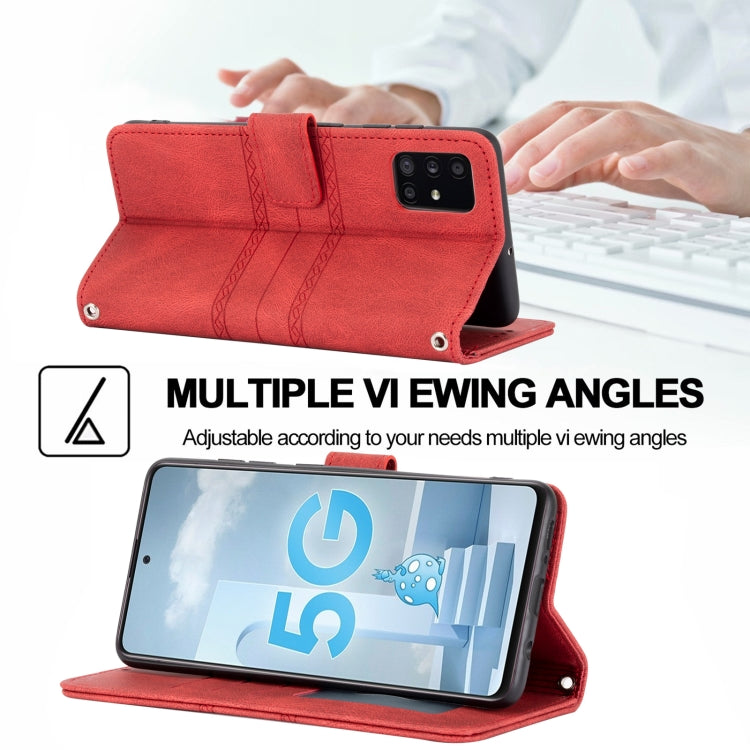 For Samsung Galaxy A71 Embossed Striped Magnetic Buckle PU + TPU Horizontal Flip Leather Case with Holder & Card Slot & Wallet & Photo Frame & Sling