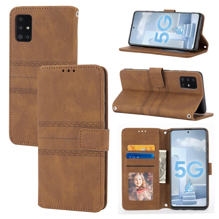 For Samsung Galaxy A71 Embossed Striped Magnetic Buckle PU + TPU Horizontal Flip Leather Case with Holder & Card Slot & Wallet & Photo Frame & Sling