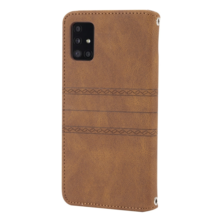 For Samsung Galaxy A71 Embossed Striped Magnetic Buckle PU + TPU Horizontal Flip Leather Case with Holder & Card Slot & Wallet & Photo Frame & Sling