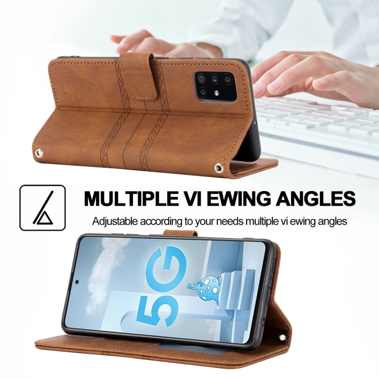 For Samsung Galaxy A71 Embossed Striped Magnetic Buckle PU + TPU Horizontal Flip Leather Case with Holder & Card Slot & Wallet & Photo Frame & Sling