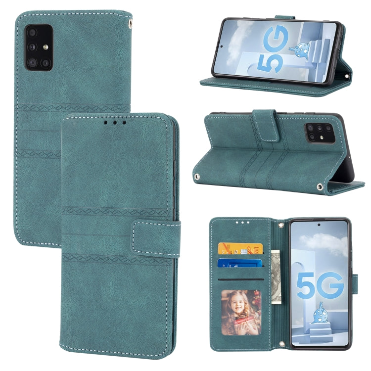 For Samsung Galaxy A71 Embossed Striped Magnetic Buckle PU + TPU Horizontal Flip Leather Case with Holder & Card Slot & Wallet & Photo Frame & Sling