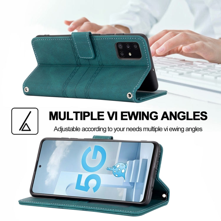 For Samsung Galaxy A71 Embossed Striped Magnetic Buckle PU + TPU Horizontal Flip Leather Case with Holder & Card Slot & Wallet & Photo Frame & Sling