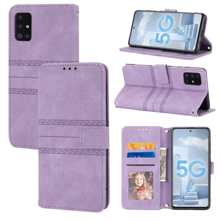 For Samsung Galaxy A71 Embossed Striped Magnetic Buckle PU + TPU Horizontal Flip Leather Case with Holder & Card Slot & Wallet & Photo Frame & Sling