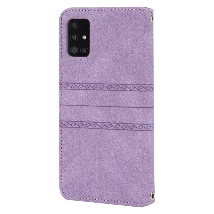 For Samsung Galaxy A71 Embossed Striped Magnetic Buckle PU + TPU Horizontal Flip Leather Case with Holder & Card Slot & Wallet & Photo Frame & Sling