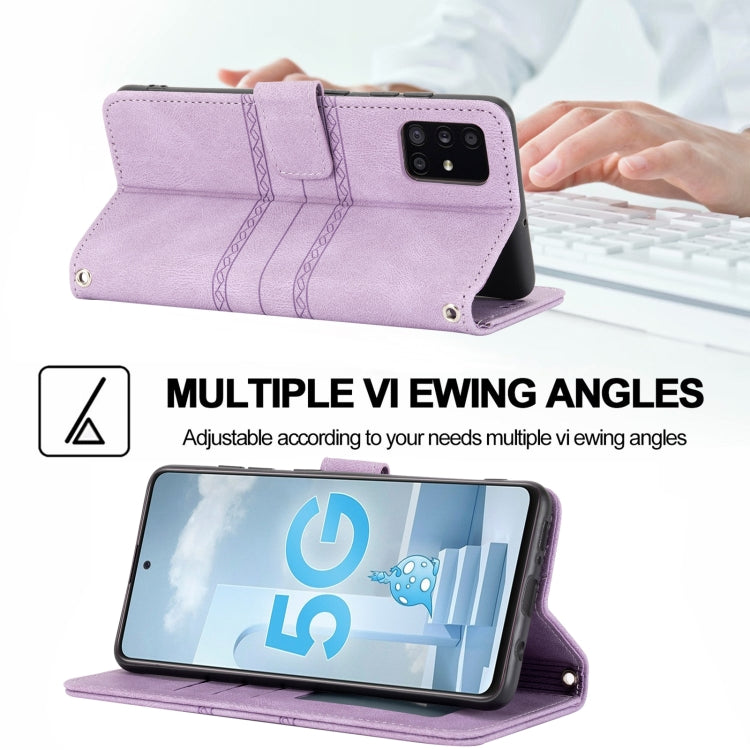 For Samsung Galaxy A71 Embossed Striped Magnetic Buckle PU + TPU Horizontal Flip Leather Case with Holder & Card Slot & Wallet & Photo Frame & Sling