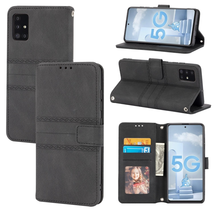 For Samsung Galaxy A71 Embossed Striped Magnetic Buckle PU + TPU Horizontal Flip Leather Case with Holder & Card Slot & Wallet & Photo Frame & Sling