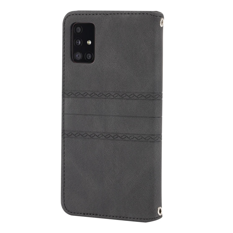 For Samsung Galaxy A71 Embossed Striped Magnetic Buckle PU + TPU Horizontal Flip Leather Case with Holder & Card Slot & Wallet & Photo Frame & Sling