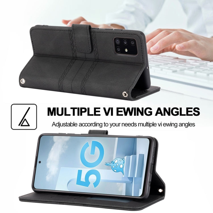 For Samsung Galaxy A71 Embossed Striped Magnetic Buckle PU + TPU Horizontal Flip Leather Case with Holder & Card Slot & Wallet & Photo Frame & Sling