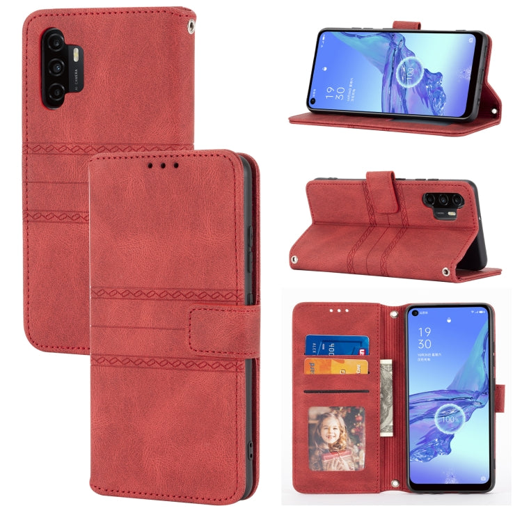 For Samsung Galaxy A32 4G Embossed Striped Magnetic Buckle PU + TPU Horizontal Flip Leather Case with Holder & Card Slot & Wallet & Photo Frame & Sling