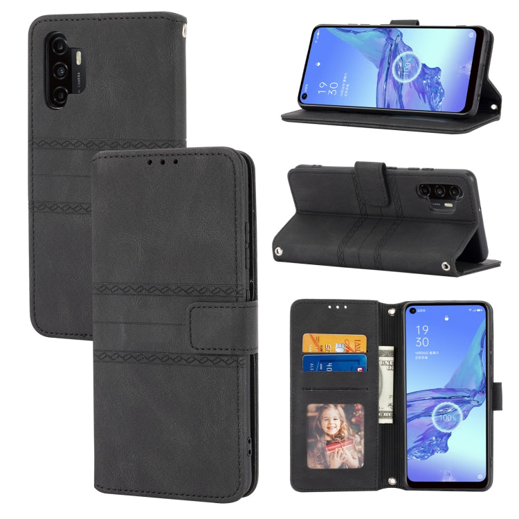 For Samsung Galaxy A32 4G Embossed Striped Magnetic Buckle PU + TPU Horizontal Flip Leather Case with Holder & Card Slot & Wallet & Photo Frame & Sling