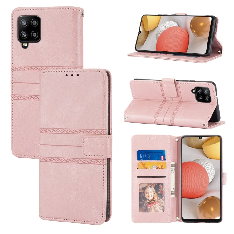 For Samsung Galaxy A42 5G Embossed Striped Magnetic Buckle PU + TPU Horizontal Flip Leather Case with Holder & Card Slot & Wallet & Photo Frame & Sling