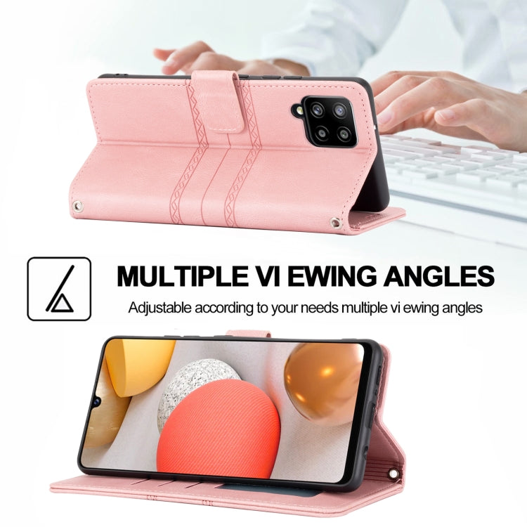 For Samsung Galaxy A42 5G Embossed Striped Magnetic Buckle PU + TPU Horizontal Flip Leather Case with Holder & Card Slot & Wallet & Photo Frame & Sling