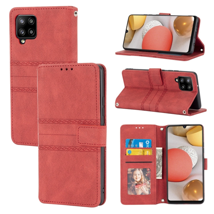 For Samsung Galaxy A42 5G Embossed Striped Magnetic Buckle PU + TPU Horizontal Flip Leather Case with Holder & Card Slot & Wallet & Photo Frame & Sling