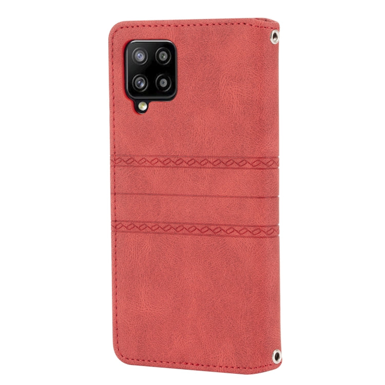 For Samsung Galaxy A42 5G Embossed Striped Magnetic Buckle PU + TPU Horizontal Flip Leather Case with Holder & Card Slot & Wallet & Photo Frame & Sling