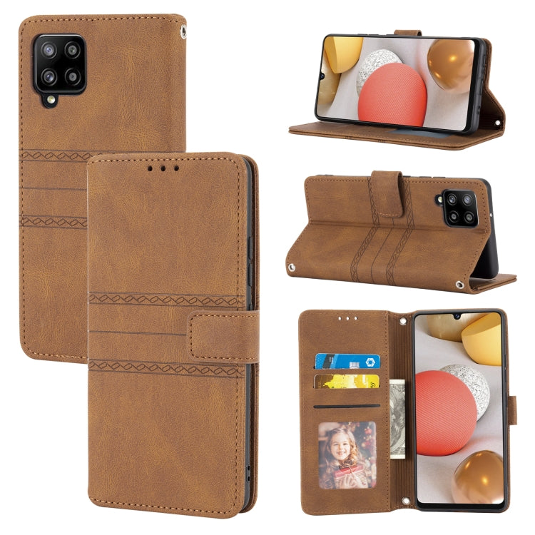 For Samsung Galaxy A42 5G Embossed Striped Magnetic Buckle PU + TPU Horizontal Flip Leather Case with Holder & Card Slot & Wallet & Photo Frame & Sling