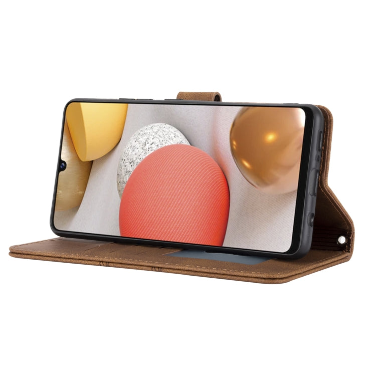 For Samsung Galaxy A42 5G Embossed Striped Magnetic Buckle PU + TPU Horizontal Flip Leather Case with Holder & Card Slot & Wallet & Photo Frame & Sling