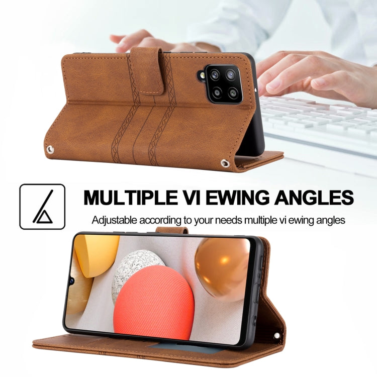 For Samsung Galaxy A42 5G Embossed Striped Magnetic Buckle PU + TPU Horizontal Flip Leather Case with Holder & Card Slot & Wallet & Photo Frame & Sling