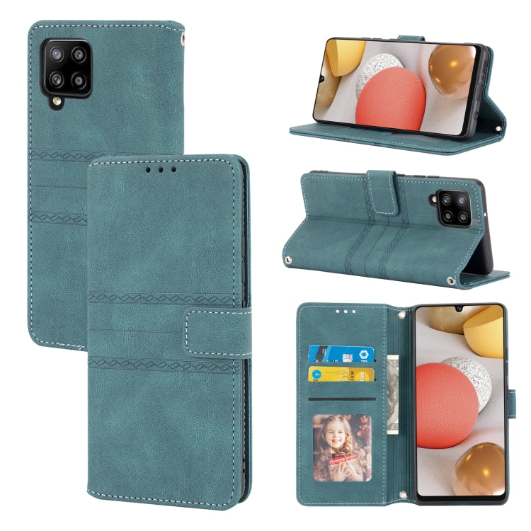 For Samsung Galaxy A42 5G Embossed Striped Magnetic Buckle PU + TPU Horizontal Flip Leather Case with Holder & Card Slot & Wallet & Photo Frame & Sling