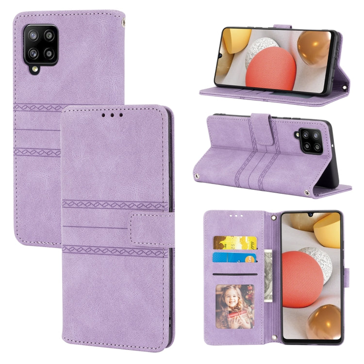 For Samsung Galaxy A42 5G Embossed Striped Magnetic Buckle PU + TPU Horizontal Flip Leather Case with Holder & Card Slot & Wallet & Photo Frame & Sling