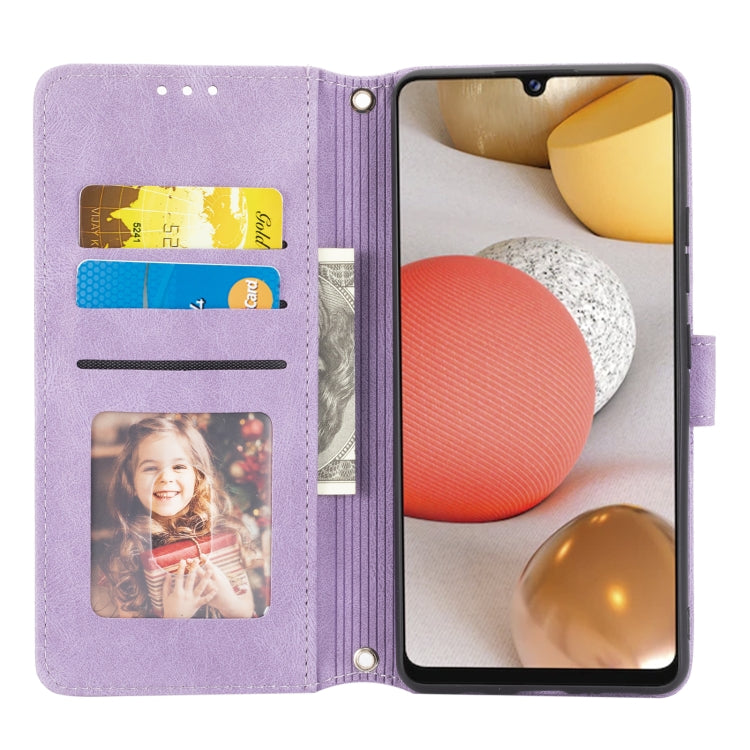 For Samsung Galaxy A42 5G Embossed Striped Magnetic Buckle PU + TPU Horizontal Flip Leather Case with Holder & Card Slot & Wallet & Photo Frame & Sling
