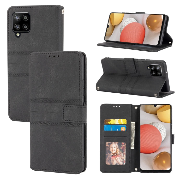 For Samsung Galaxy A42 5G Embossed Striped Magnetic Buckle PU + TPU Horizontal Flip Leather Case with Holder & Card Slot & Wallet & Photo Frame & Sling