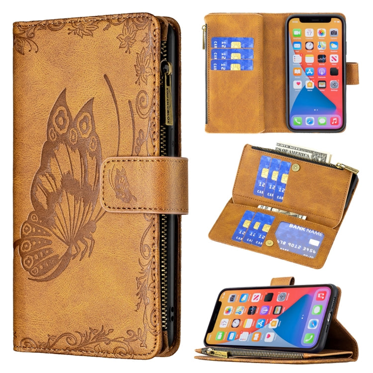 For iPhone 13 Flying Butterfly Embossing Pattern Zipper Horizontal Flip Leather Case with Holder & Card Slots & Wallet