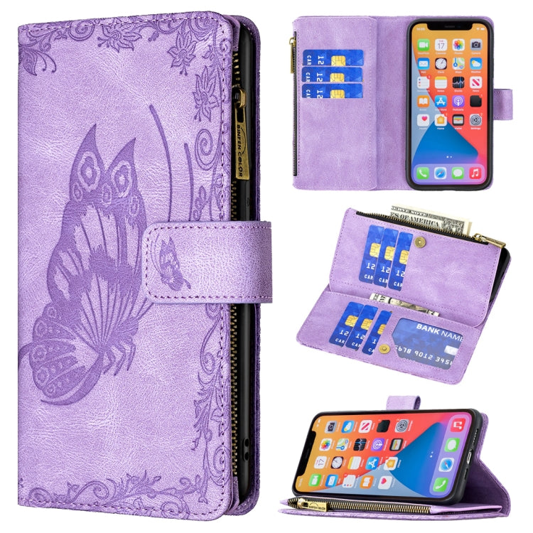 For iPhone 13 Flying Butterfly Embossing Pattern Zipper Horizontal Flip Leather Case with Holder & Card Slots & Wallet
