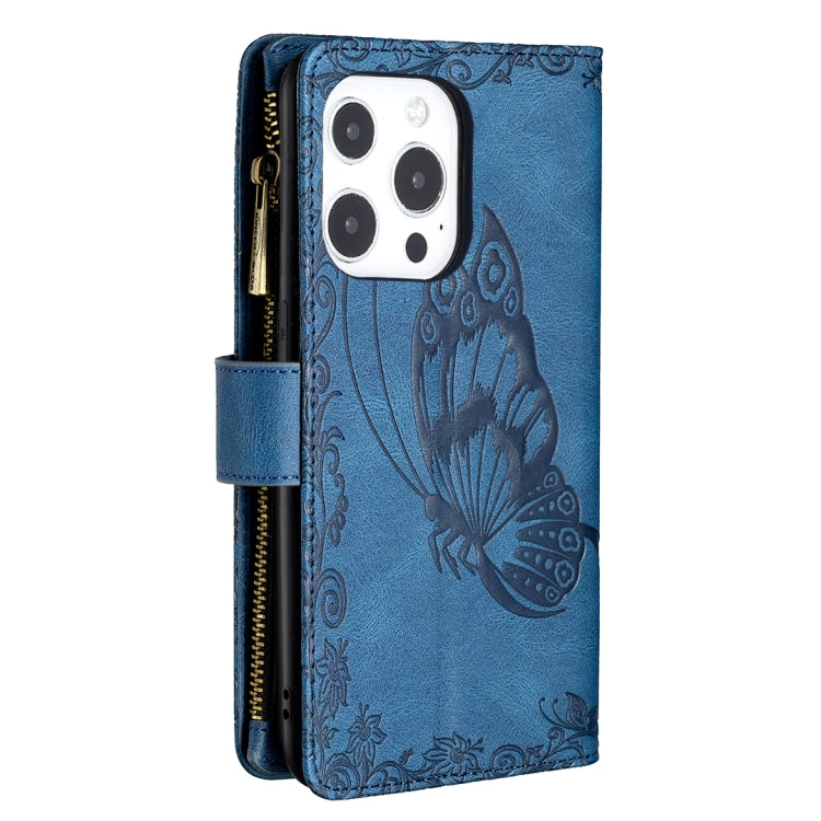 For iPhone 13 Pro Flying Butterfly Embossing Pattern Zipper Horizontal Flip Leather Case with Holder & Card Slots & Wallet