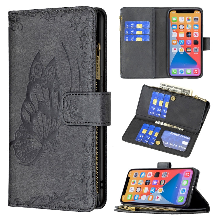 For iPhone 13 Pro Flying Butterfly Embossing Pattern Zipper Horizontal Flip Leather Case with Holder & Card Slots & Wallet