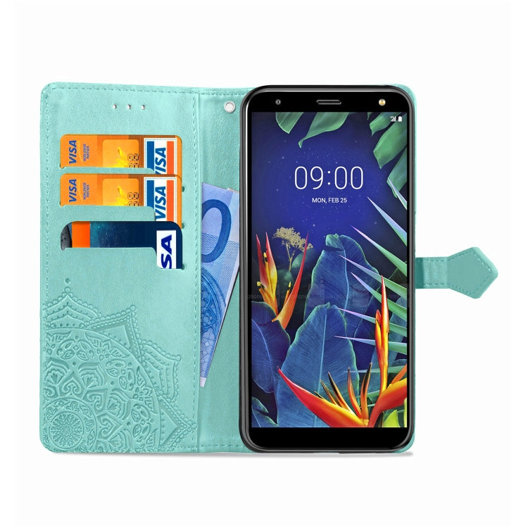 For LG K40 Halfway Mandala Embossing Pattern Horizontal Flip Leather Case with Holder & Card Slots & Wallet & Lanyard