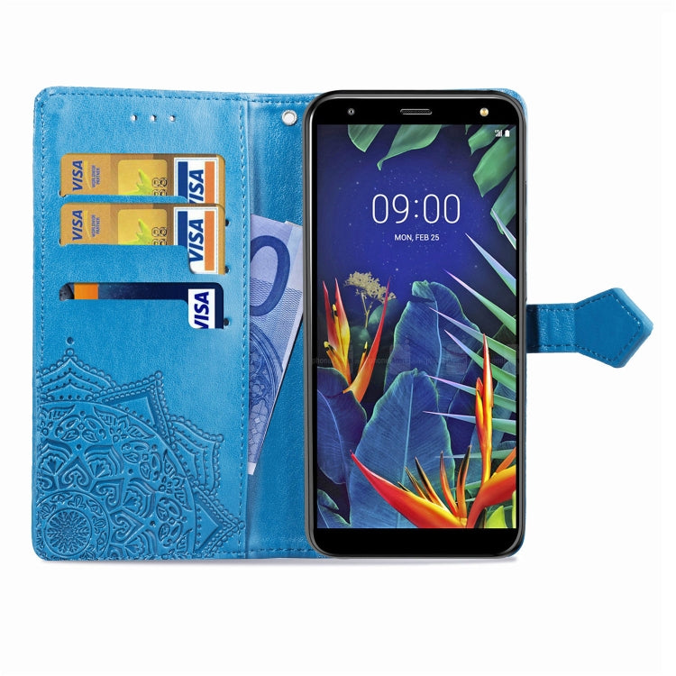 For LG K40 Halfway Mandala Embossing Pattern Horizontal Flip Leather Case with Holder & Card Slots & Wallet & Lanyard