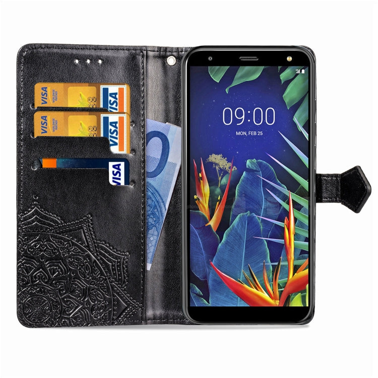 For LG K40 Halfway Mandala Embossing Pattern Horizontal Flip Leather Case with Holder & Card Slots & Wallet & Lanyard