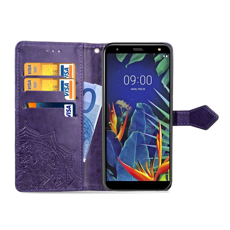 For LG K40 Halfway Mandala Embossing Pattern Horizontal Flip Leather Case with Holder & Card Slots & Wallet & Lanyard