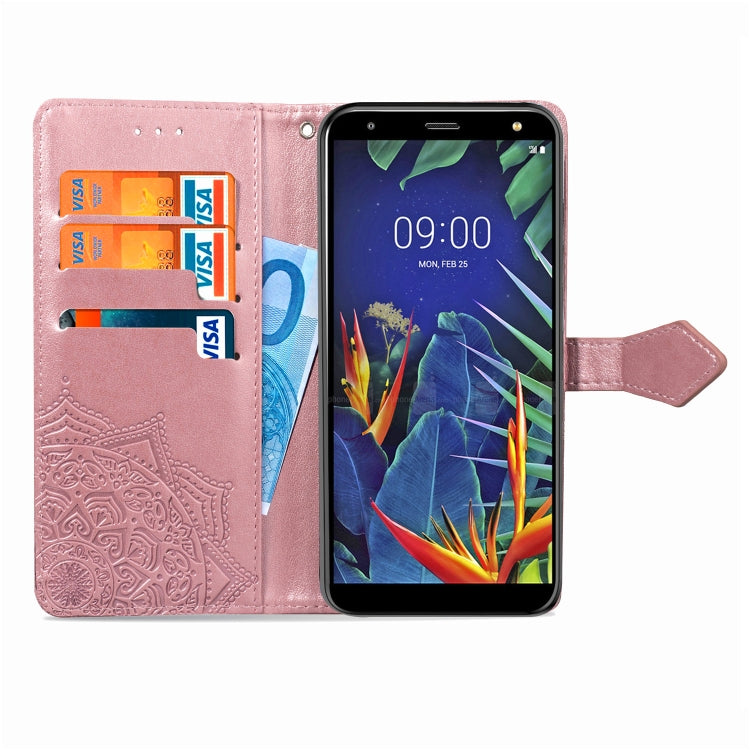 For LG K40 Halfway Mandala Embossing Pattern Horizontal Flip Leather Case with Holder & Card Slots & Wallet & Lanyard