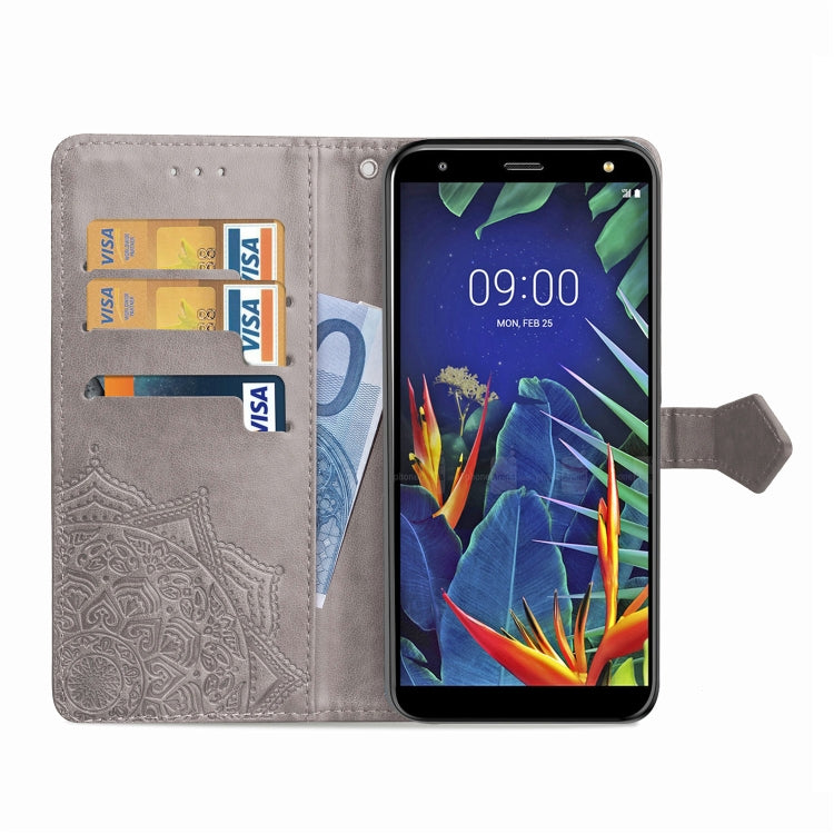 For LG K40 Halfway Mandala Embossing Pattern Horizontal Flip Leather Case with Holder & Card Slots & Wallet & Lanyard
