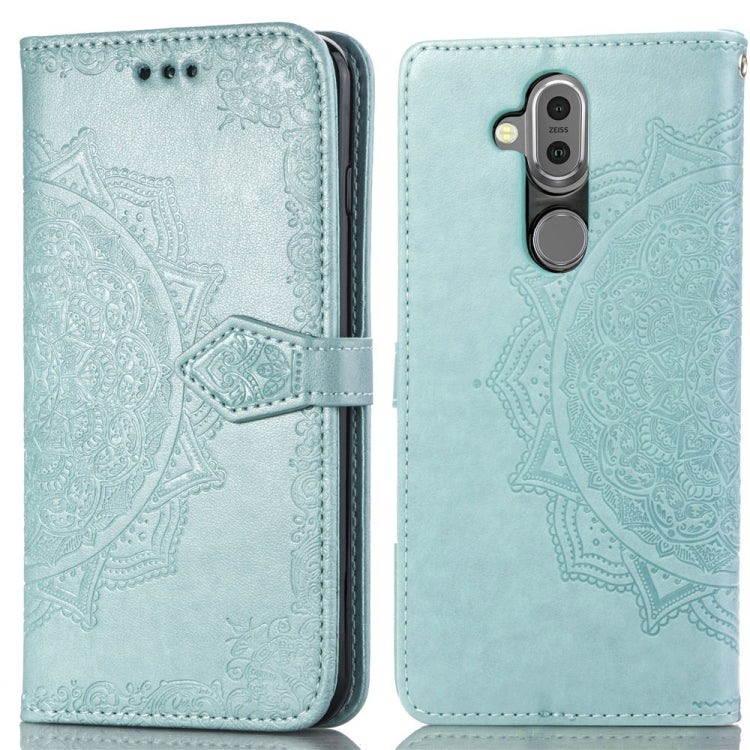For Nokia 8.1 / X7 Halfway Mandala Embossing Pattern Horizontal Flip Leather Case with Holder & Card Slots & Wallet & Lanyard