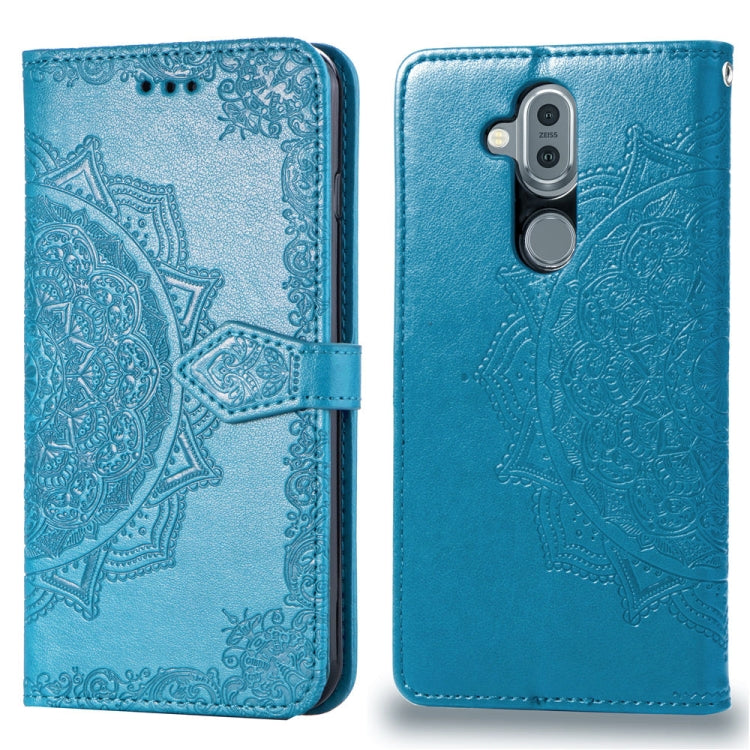 For Nokia 8.1 / X7 Halfway Mandala Embossing Pattern Horizontal Flip Leather Case with Holder & Card Slots & Wallet & Lanyard