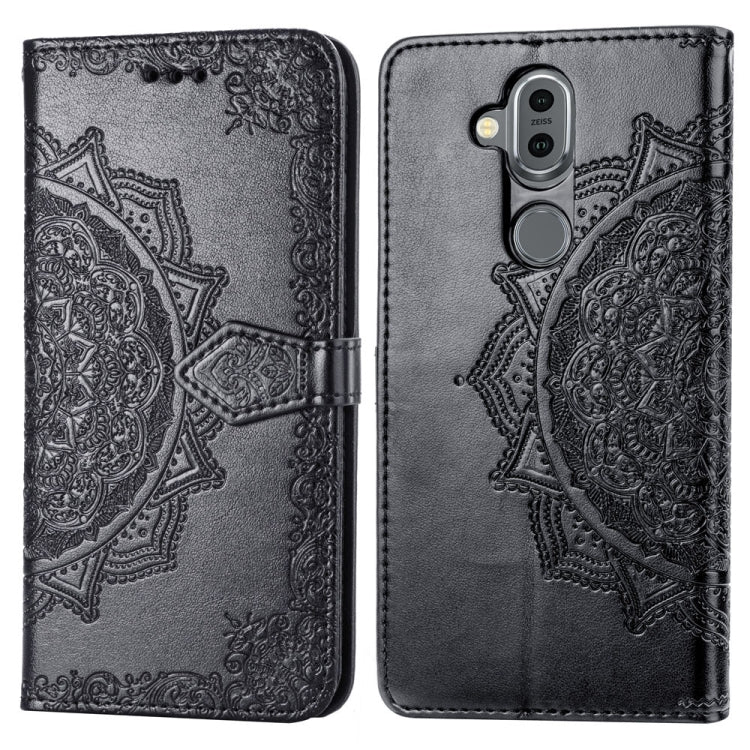 For Nokia 8.1 / X7 Halfway Mandala Embossing Pattern Horizontal Flip Leather Case with Holder & Card Slots & Wallet & Lanyard