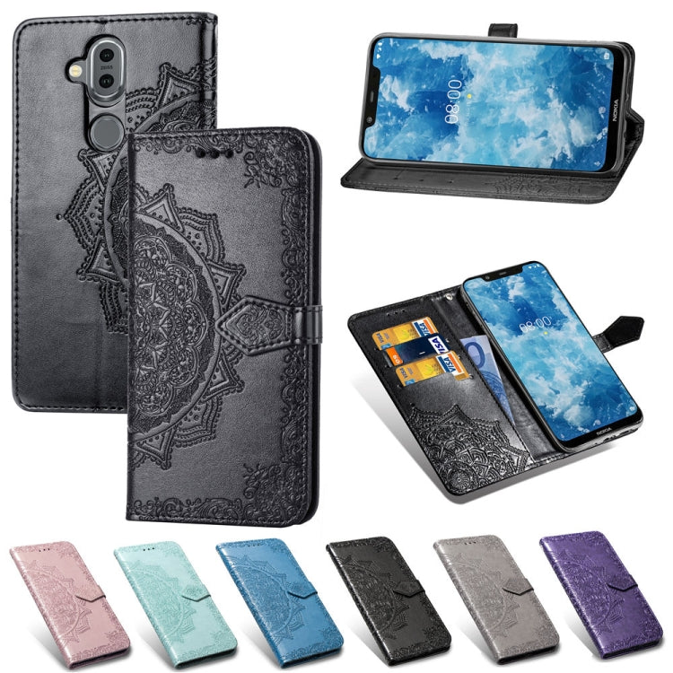 For Nokia 8.1 / X7 Halfway Mandala Embossing Pattern Horizontal Flip Leather Case with Holder & Card Slots & Wallet & Lanyard