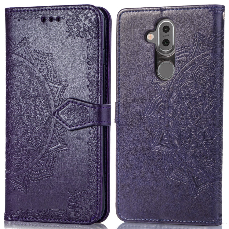 For Nokia 8.1 / X7 Halfway Mandala Embossing Pattern Horizontal Flip Leather Case with Holder & Card Slots & Wallet & Lanyard