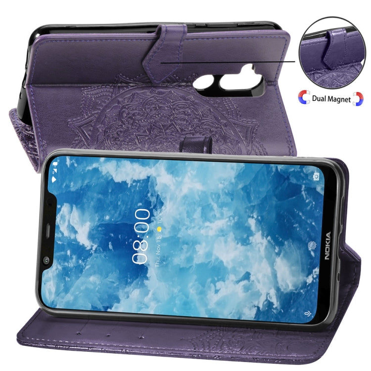 For Nokia 8.1 / X7 Halfway Mandala Embossing Pattern Horizontal Flip Leather Case with Holder & Card Slots & Wallet & Lanyard