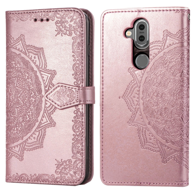 For Nokia 8.1 / X7 Halfway Mandala Embossing Pattern Horizontal Flip Leather Case with Holder & Card Slots & Wallet & Lanyard