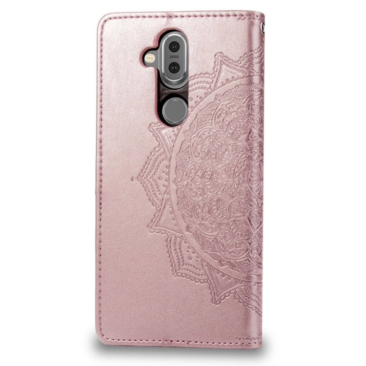 For Nokia 8.1 / X7 Halfway Mandala Embossing Pattern Horizontal Flip Leather Case with Holder & Card Slots & Wallet & Lanyard