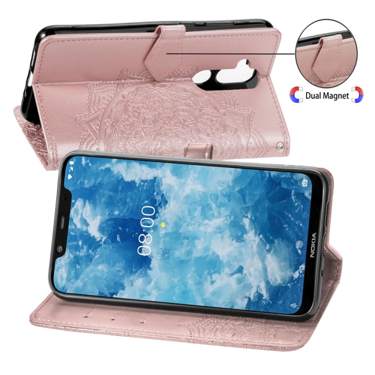 For Nokia 8.1 / X7 Halfway Mandala Embossing Pattern Horizontal Flip Leather Case with Holder & Card Slots & Wallet & Lanyard