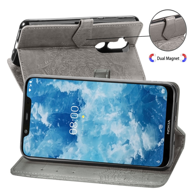 For Nokia 8.1 / X7 Halfway Mandala Embossing Pattern Horizontal Flip Leather Case with Holder & Card Slots & Wallet & Lanyard