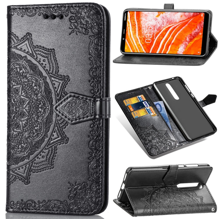 For Nokia 3.1 Plus Halfway Mandala Embossing Pattern Horizontal Flip Leather Case with Holder & Card Slots & Wallet & Lanyard